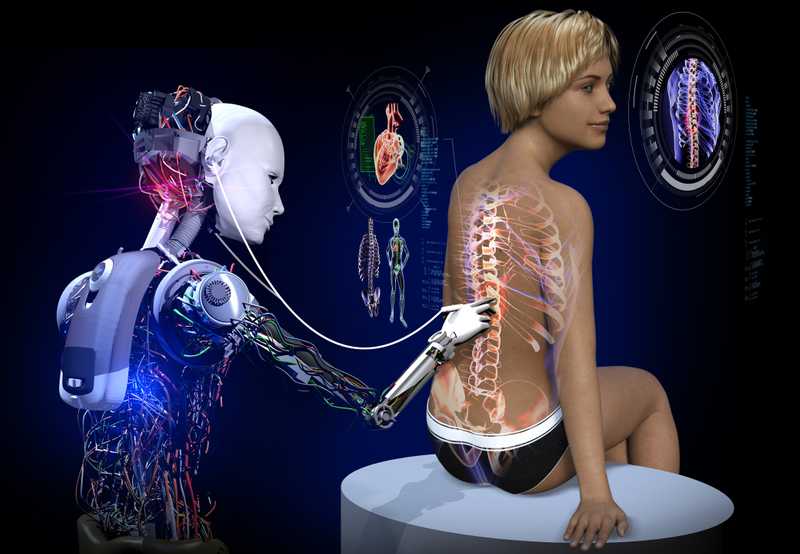 A robot using a stethoscope beside a semi naked woman