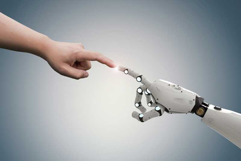AI creation meme of human hand touching robot hand