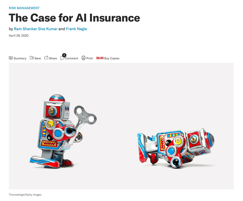 Harvard Business review article about AI insurance illustrated with toy robot
